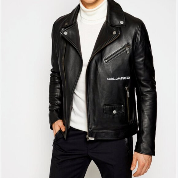 Karl Lagerfeld Men's Black Leather Biker Jacket sz XL - Picture 3 of 4